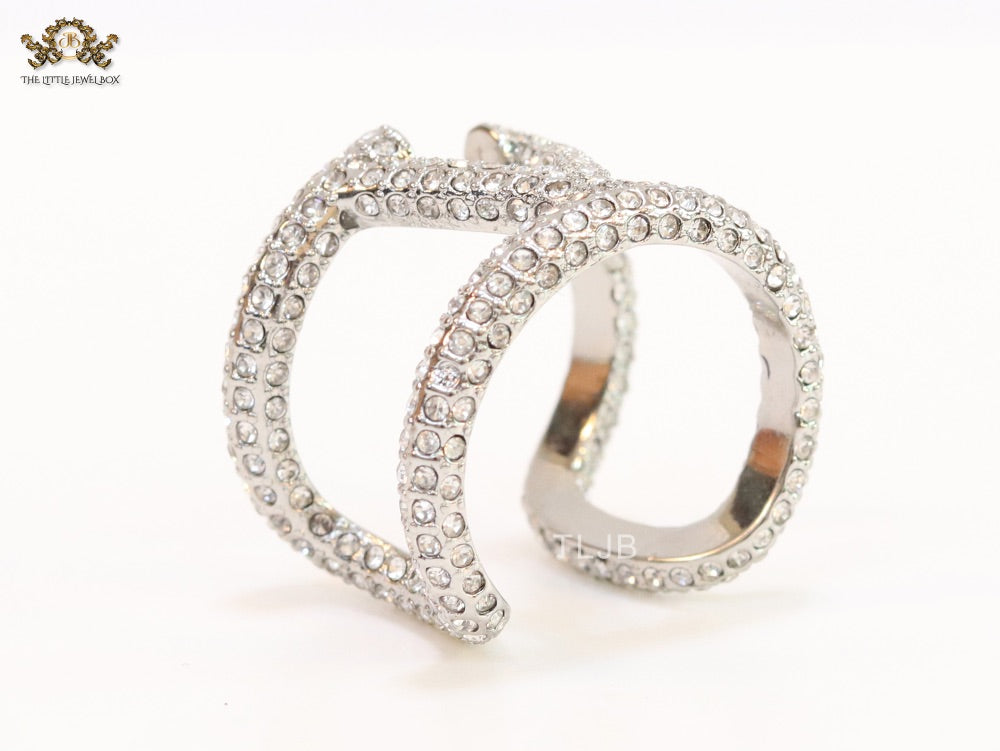 Large cz Silver plated open alphabet V ring