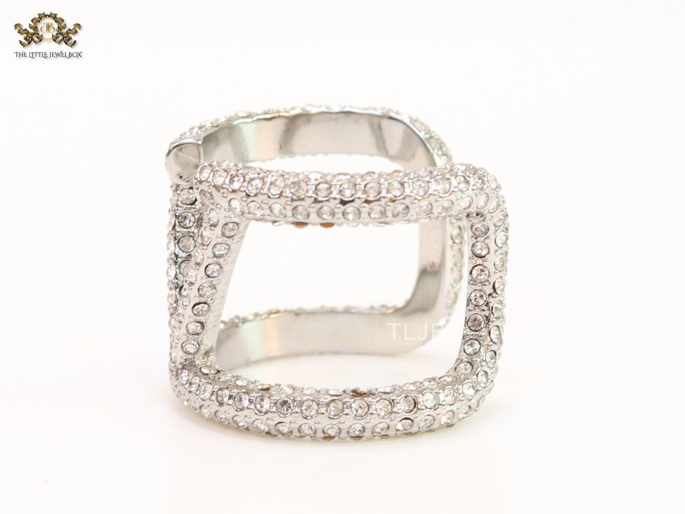 Large cz Silver plated open alphabet V ring