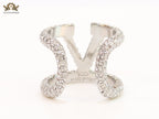 Large cz Silver plated open alphabet V ring