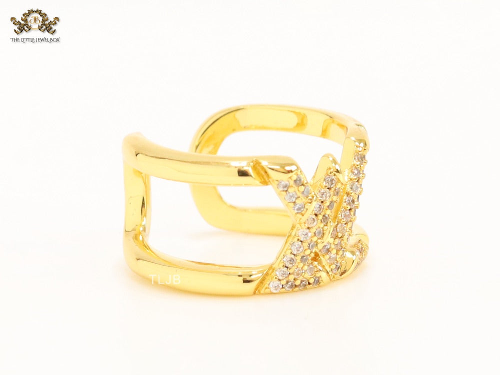 Large cz gold open alphabet L ring