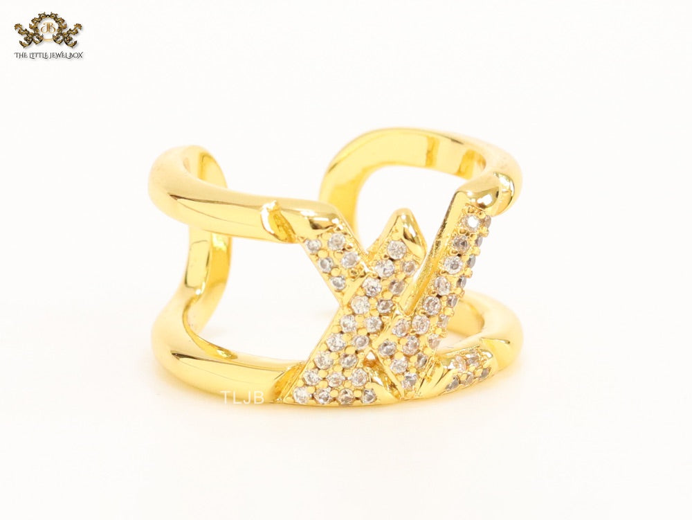 Large cz gold open alphabet L ring