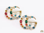 Double G golden earrings with multicolor cz stones