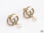 Double G golden earrings with multi color cz stones and pearl