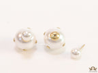 White pearl studs with golden alphabet motif and golden details