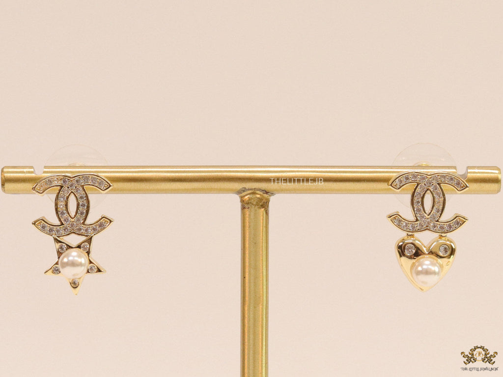 Gold plated double C earrings with pearl heart and star