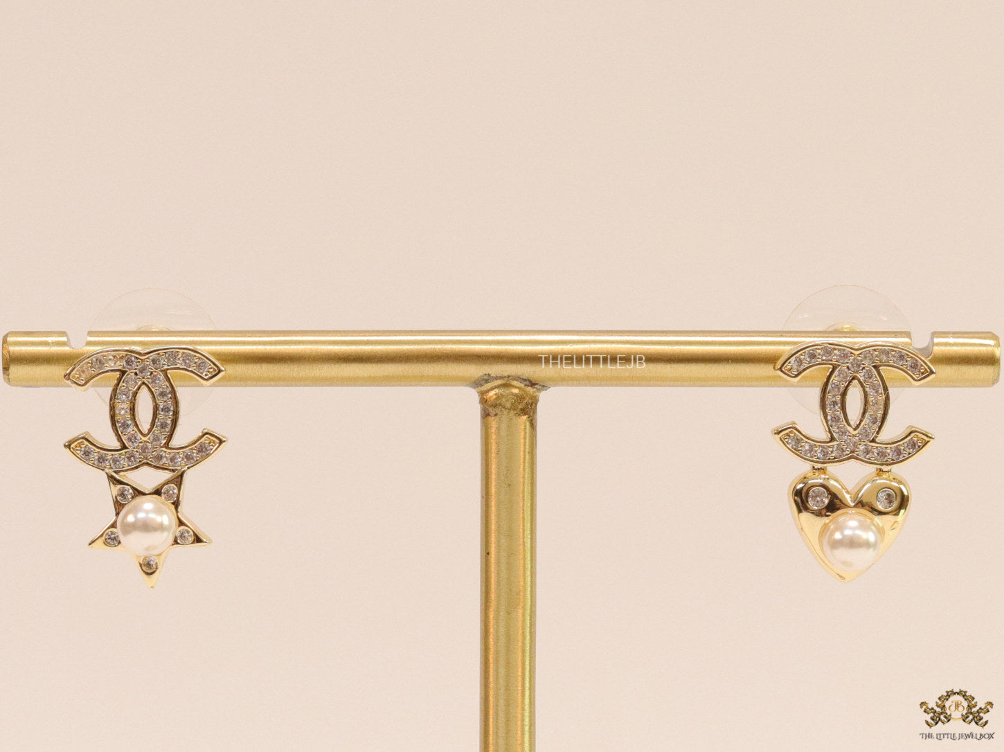 Gold plated double C earrings with pearl heart and star