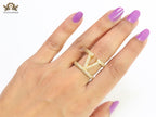 Large cz gold open alphabet V ring