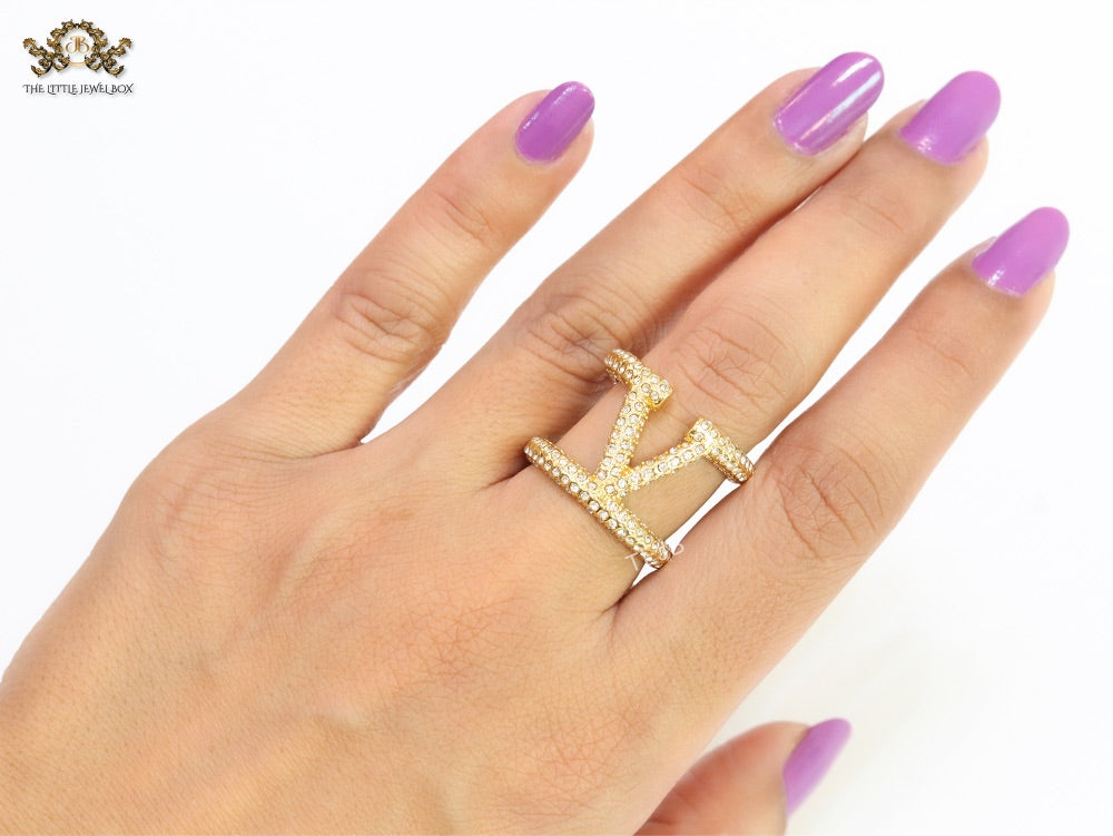 Large cz gold open alphabet V ring