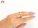 Large cz gold open alphabet V ring