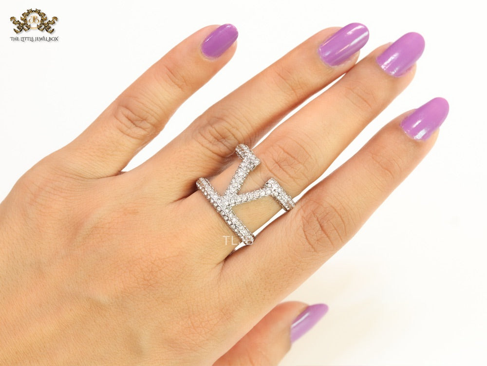 Large cz Silver plated open alphabet V ring