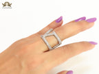 Large cz Silver plated open alphabet V ring