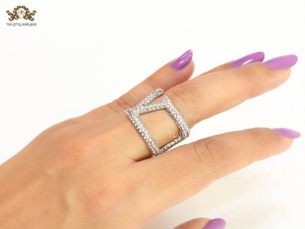 Large cz Silver plated open alphabet V ring