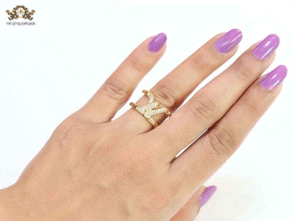 Large cz gold open alphabet L ring