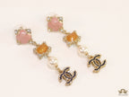 Double C dangles with pink, orange stones, pearls and cz