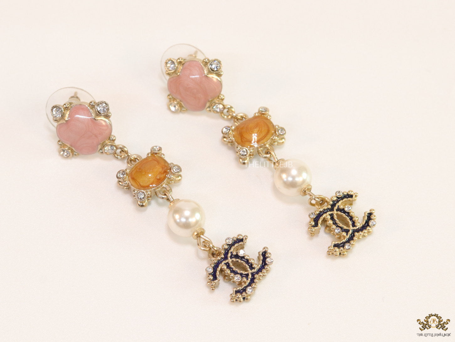 Double C dangles with pink, orange stones, pearls and cz