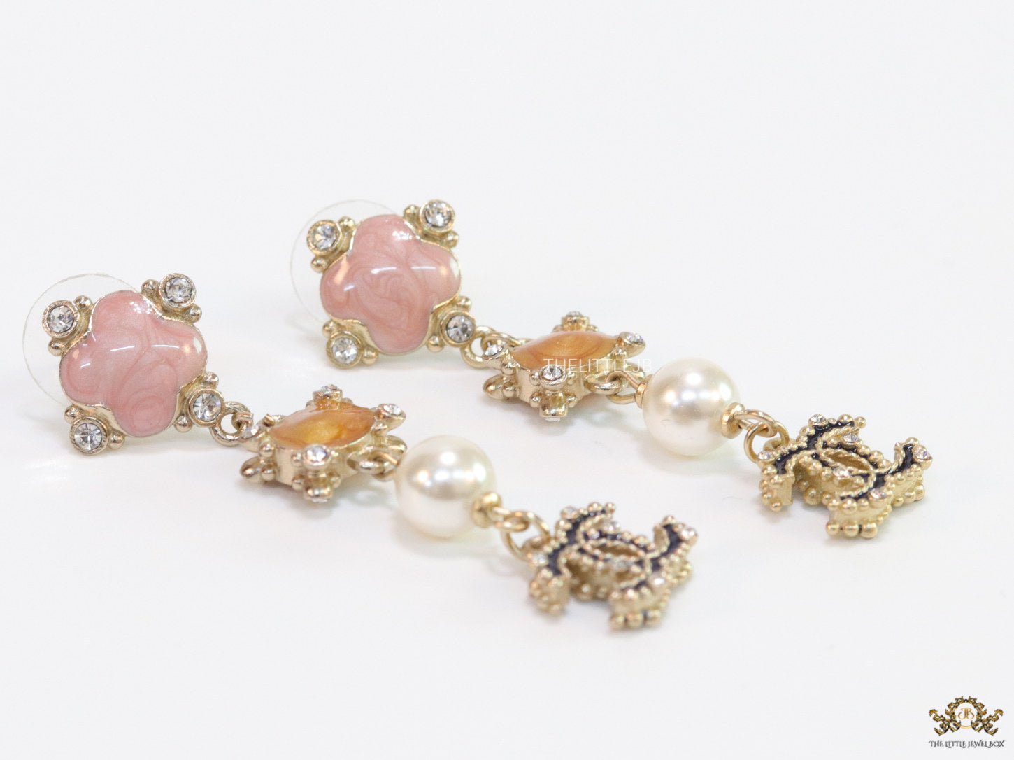 Double C dangles with pink, orange stones, pearls and cz