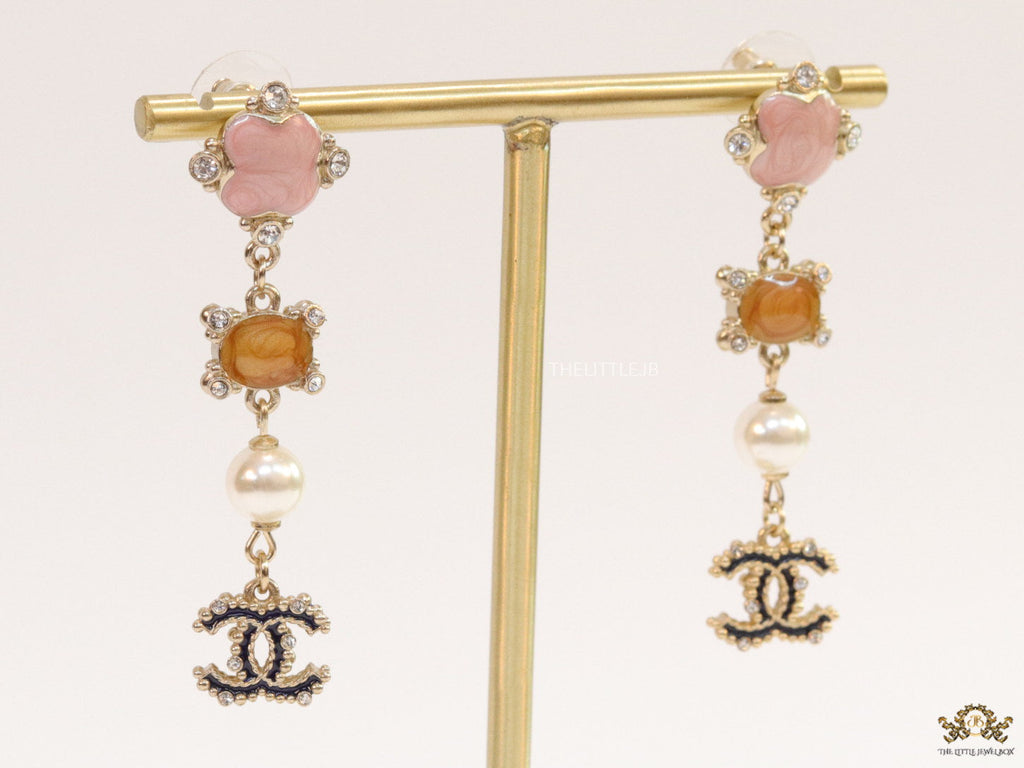 Double C dangles with pink, orange stones, pearls and cz