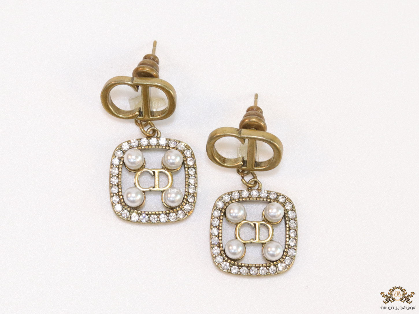 Antique gold plated alphabet motif studs with cubic zirconia stones, white pearl and alphabets