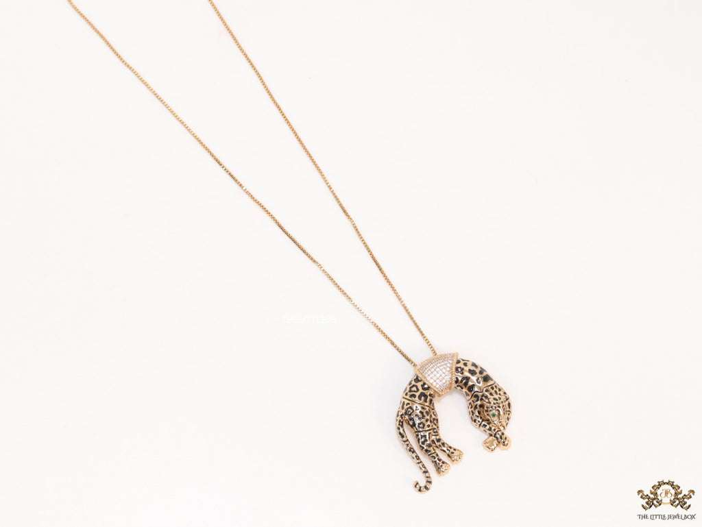 Antique rose  gold resting plated leopard pendant with cubic zirconia and rose golden chain