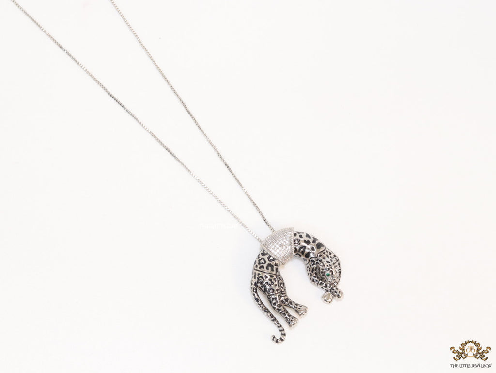 Platinum plated resting leopard pendant with cubic zirconia and Platinum chain