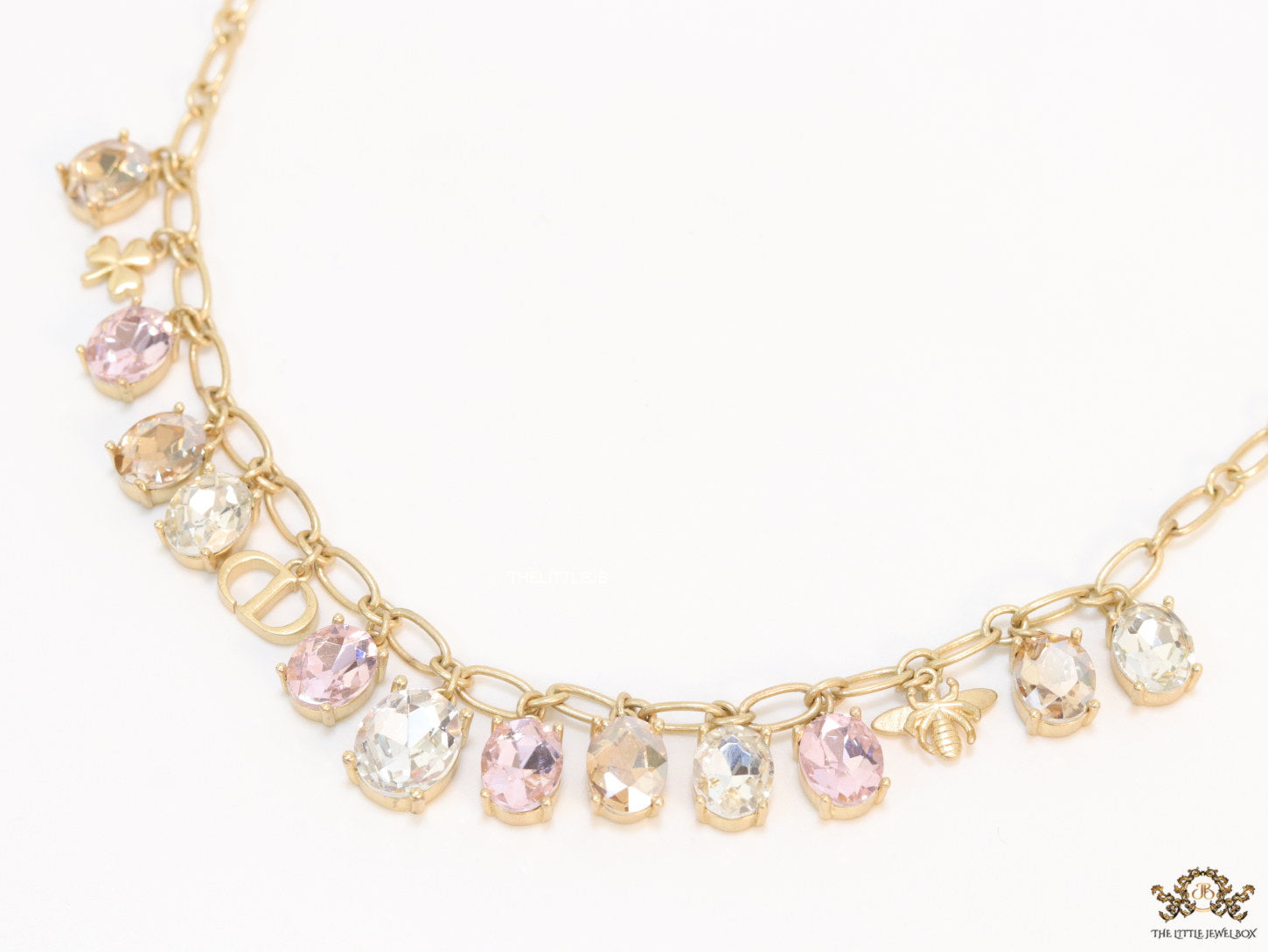 Gold plated link chain with semi precious stones charms and alphabet charm