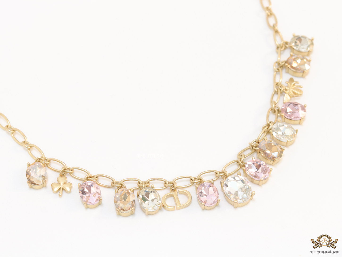 Gold plated link chain with semi precious stones charms and alphabet charm