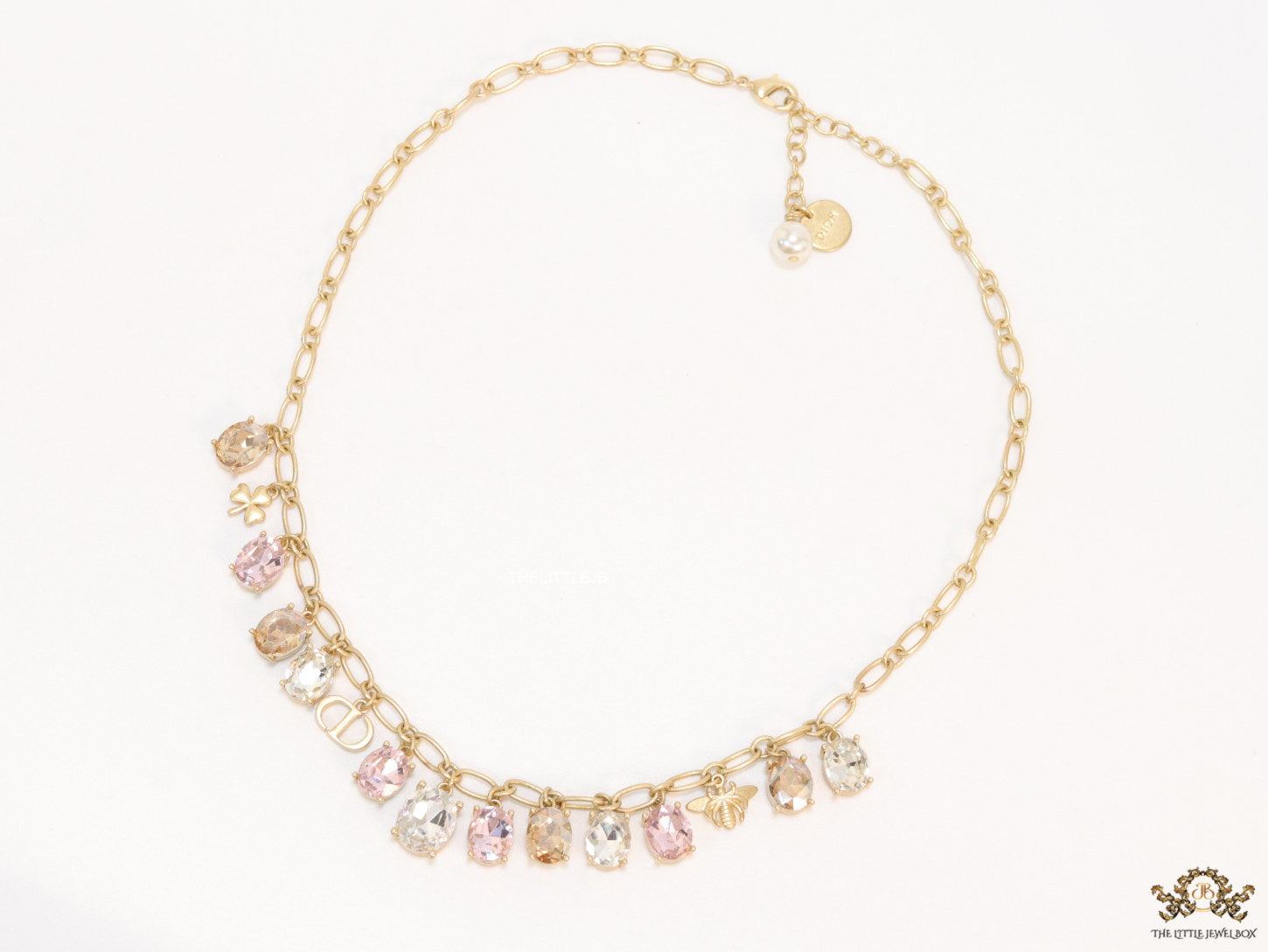 Gold plated link chain with semi precious stones charms and alphabet charm