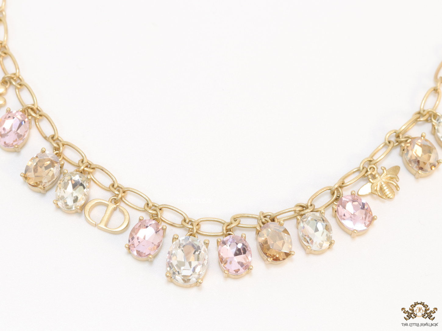 Gold plated link chain with semi precious stones charms and alphabet charm