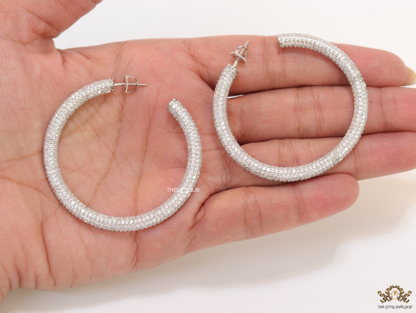 Platinum plated screw back hoops in cz 51mm