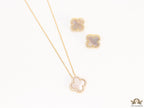 Sleek gold plated chain with cubic zirconia studded off-white clover shape pendant