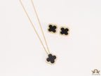 Sleek gold plated chain with cubic zirconia studded black clover shape pendant
