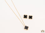 Sleek gold plated chain with cubic zirconia studded black clover shape pendant