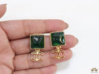 Gold plated Square emerald green studs with double C motif