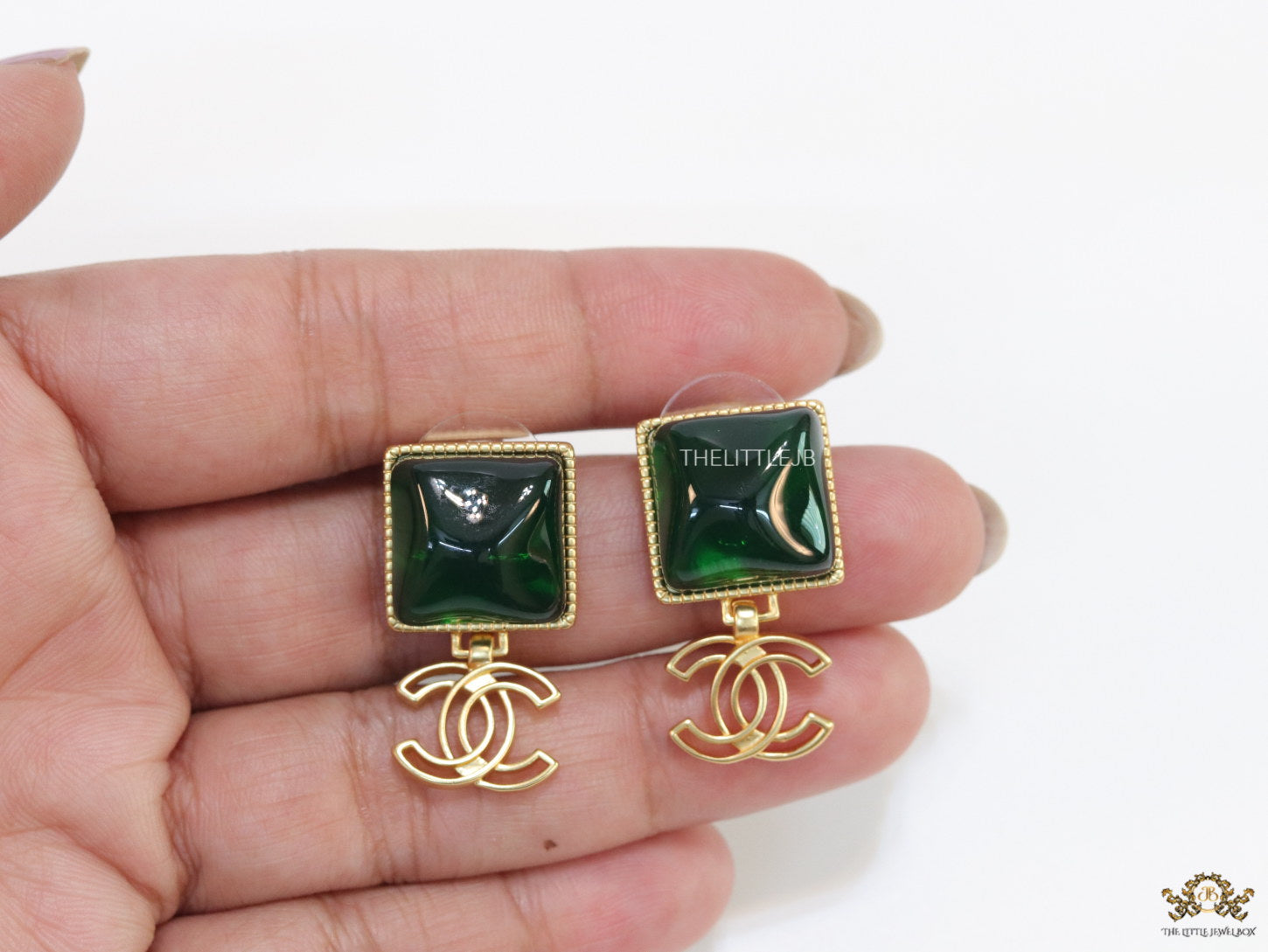 Gold plated Square emerald green studs with double C motif