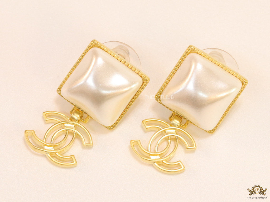 Gold plated Square MOP studs with double C motif