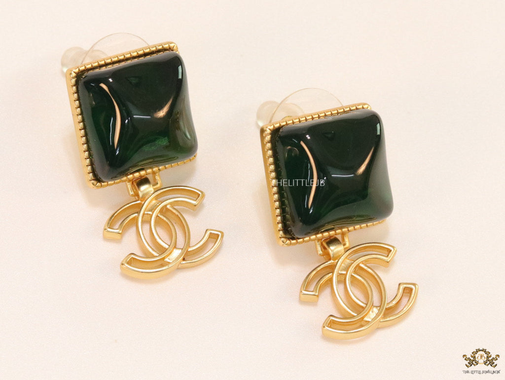 Gold plated Square emerald green studs with double C motif