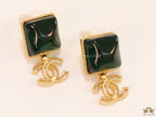 Gold plated Square emerald green studs with double C motif