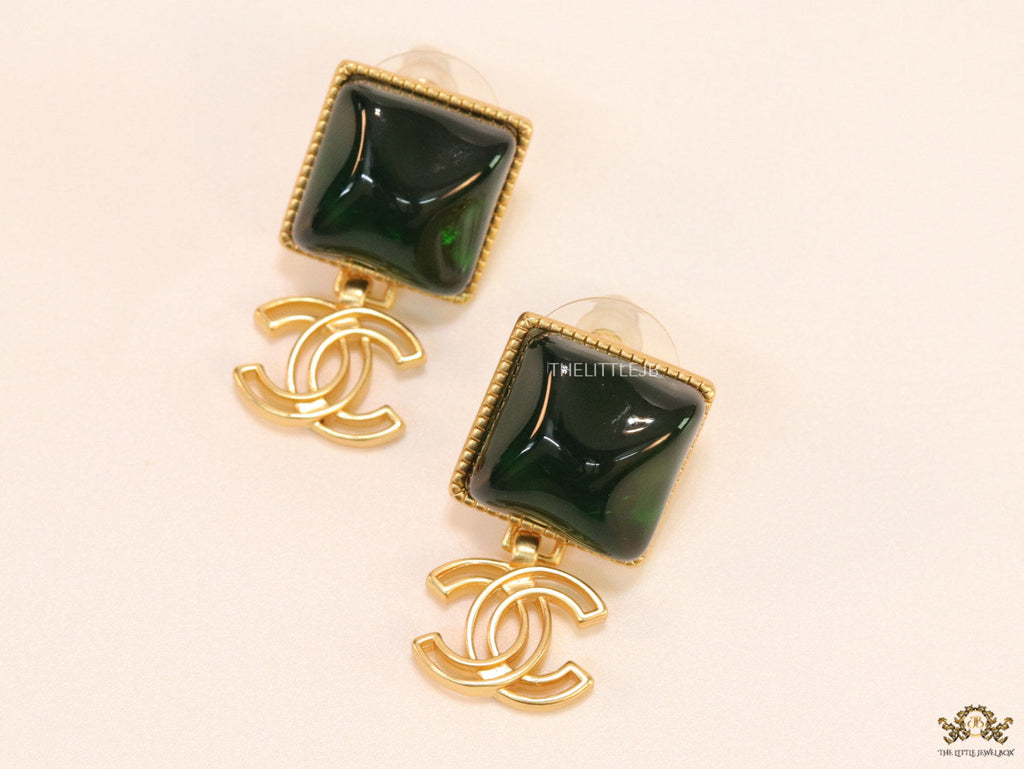 Gold plated Square emerald green studs with double C motif