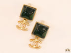 Gold plated Square emerald green studs with double C motif