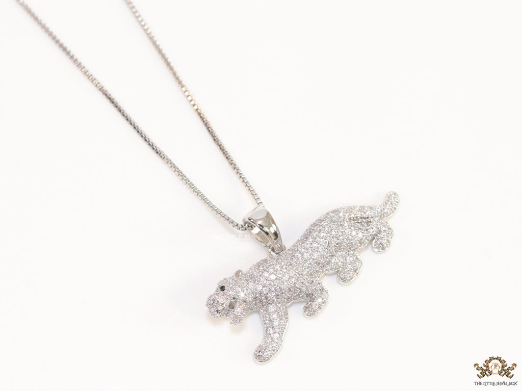 Platinum plated cubic zirconia panther pendant on sleek Platinum plated chain