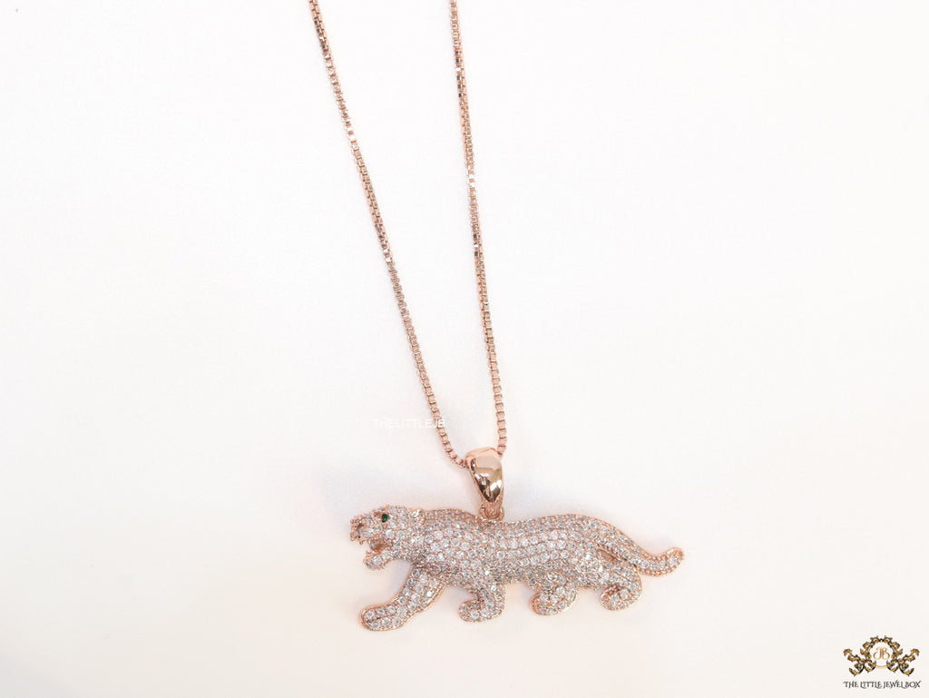 Rose Gold plated cubic zirconia panther pendant on sleek platinum plated chain