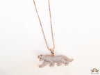Rose Gold plated cubic zirconia panther pendant on sleek platinum plated chain