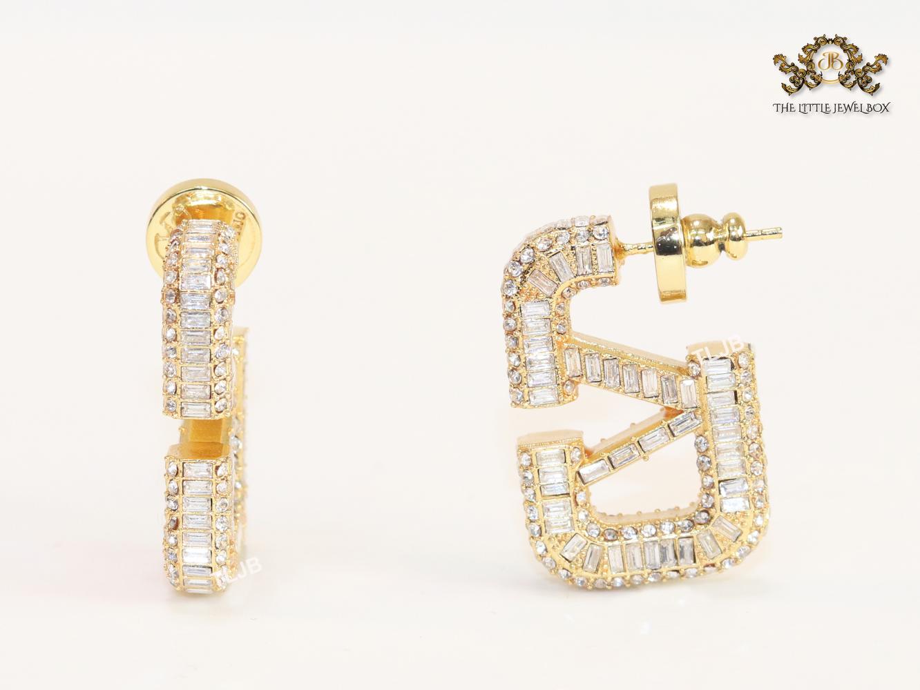 Alphabet open V small rectangle hoops with cz baguette