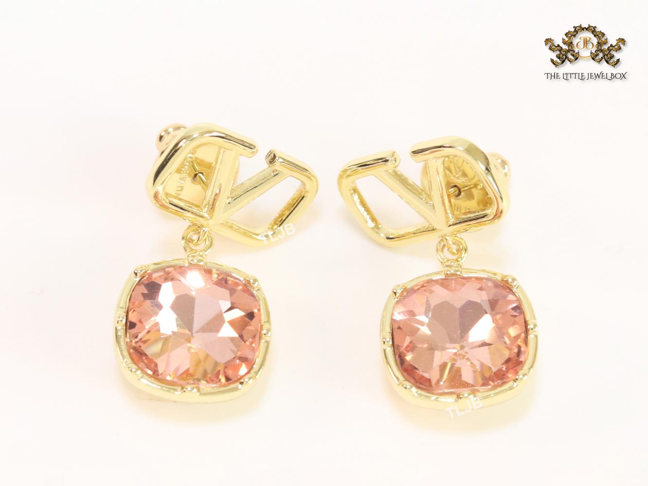 Alphabet open V dangles with pink stone