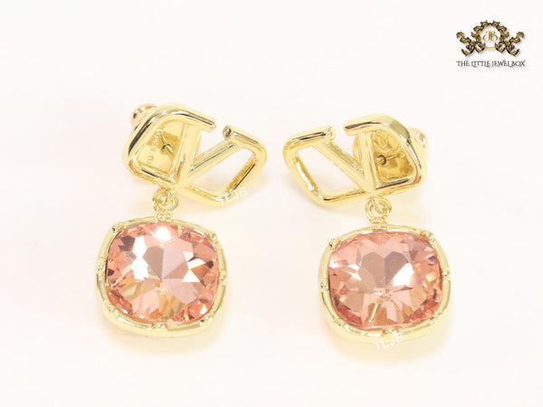 Alphabet open V dangles with pink stone
