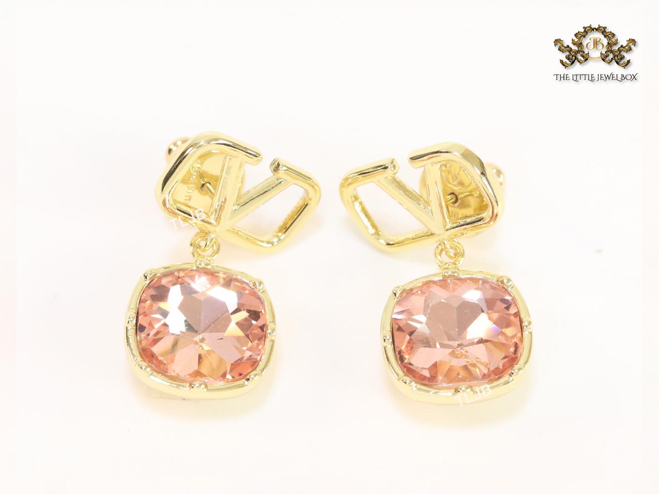 Alphabet open V dangles with pink stone