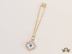 Gold plated cz evil eye clover watch charm with mother of pearl element