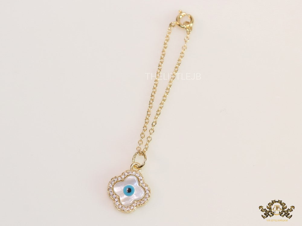 Gold plated cz evil eye clover watch charm with mother of pearl element