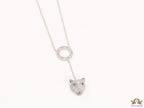 Platinum plated sleek chain with circular cubic zirconia disk and Platinum plated panther face motif pendant