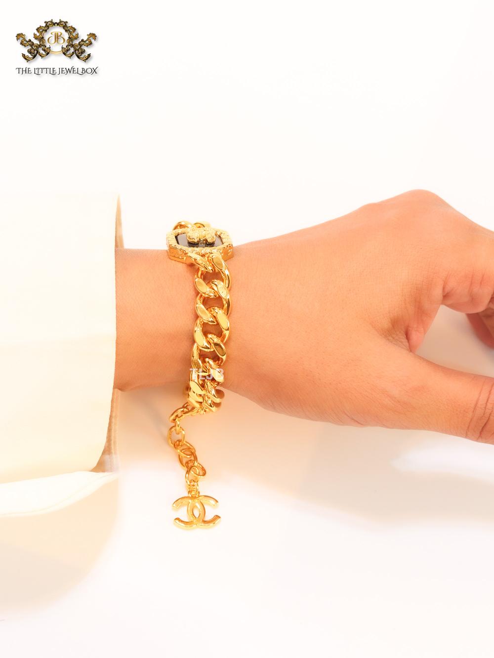 Double C black enamel and  gold link bracelet